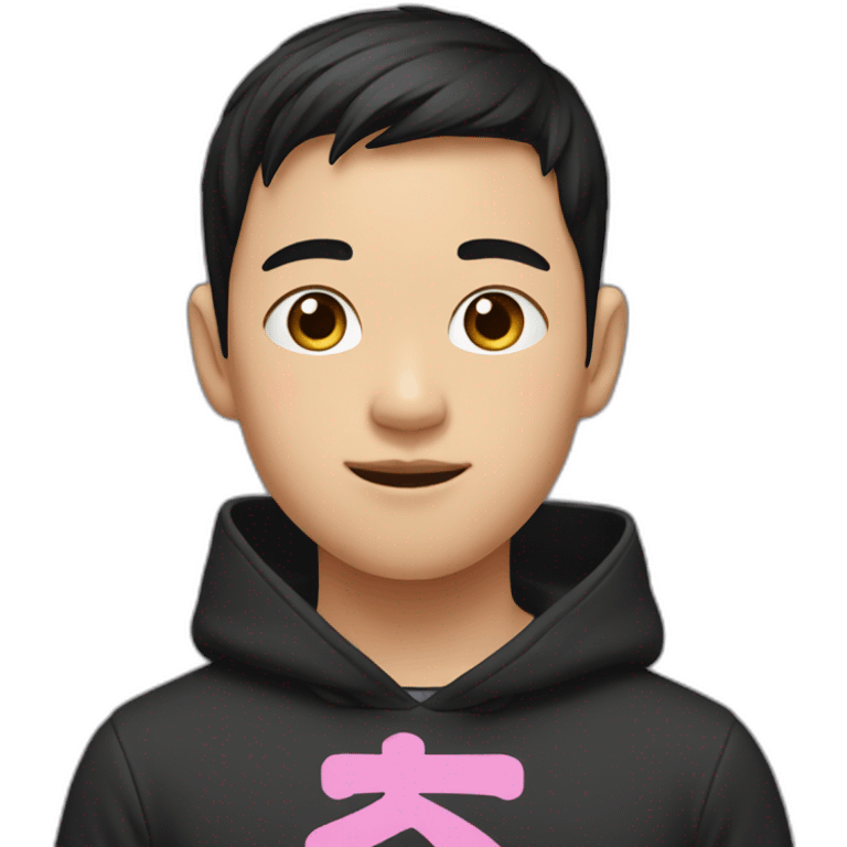 Asian boy, with black hair wearing a black hoodie with “ねこ” in pink lettering emoji