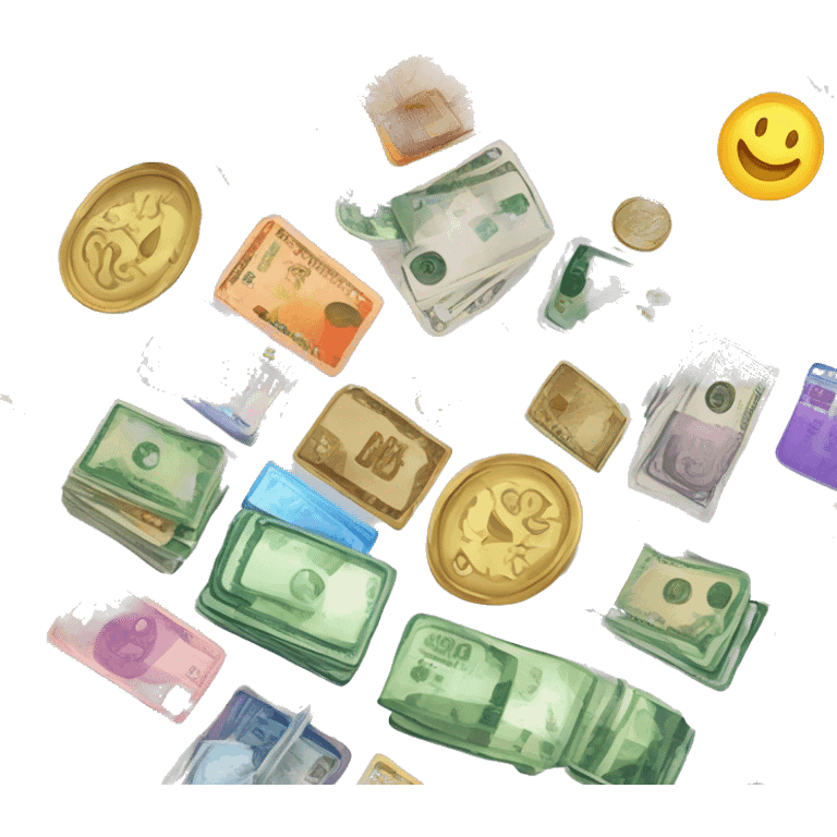 Create a sticker of a digital wallet overflowing with various international currencies, symbolizing the global payment capabilities of La Manche Payments emoji