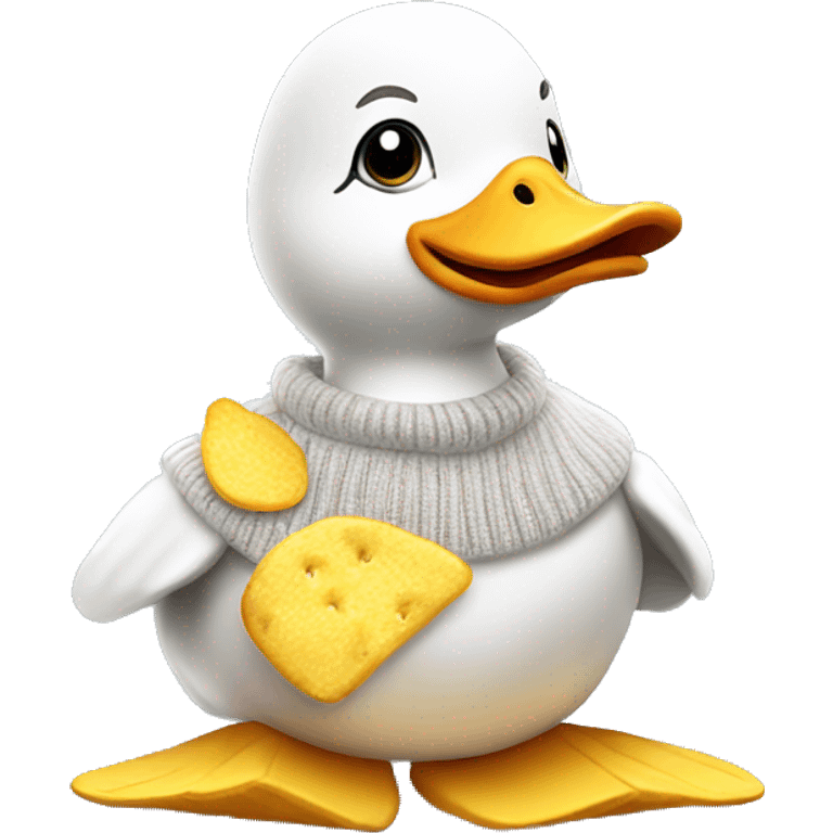 plush white duck wearing a sweater with Chips written on it emoji