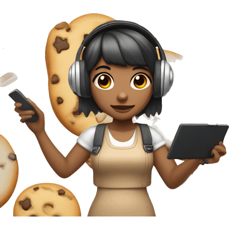 A cartoon animated girl with brown skin and black hair with blonde bangs wearing a gaming headset and holding a console with cookie ear headband and cookie top and pearl earrings. emoji