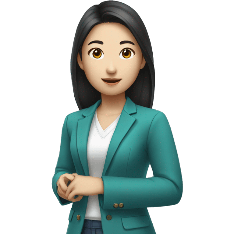 An Asian girl College student with Blue-Geen-ish Blazer doing a Presentation  emoji