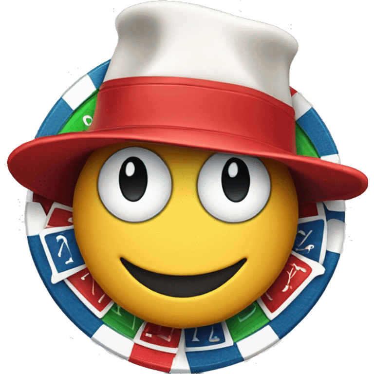 A poker chip wearing a hat made of playing cards emoji