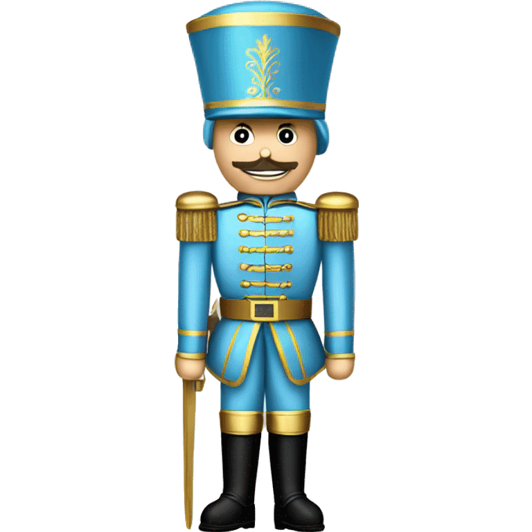 Realistic full body light blue christmas nutcracker soldier with metallic gold hat and boots. emoji