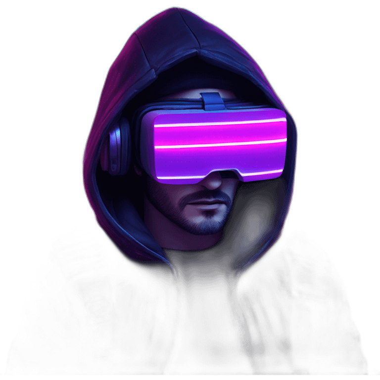 John Snow wearing a black hoodie with "OMG" letters on it and VR headset in a cyberpunk VR environment with violet neon lighting. emoji