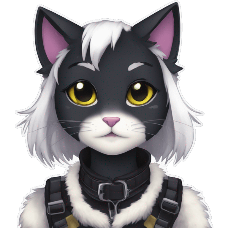 Gorgeous furry dark techwear anime style anthro black cat furry sona Fakémon aesthetic and pretty edgy black with collar and harness trending style emoji