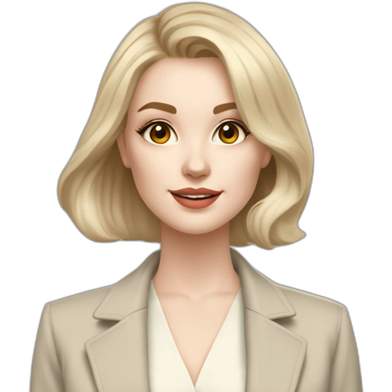 pale skin woman with ash blonde Straightened bob Hair, White Spacious classical jacket, beige palazzo Arrow pants and gray blouse holding a color palettes in the hands emoji