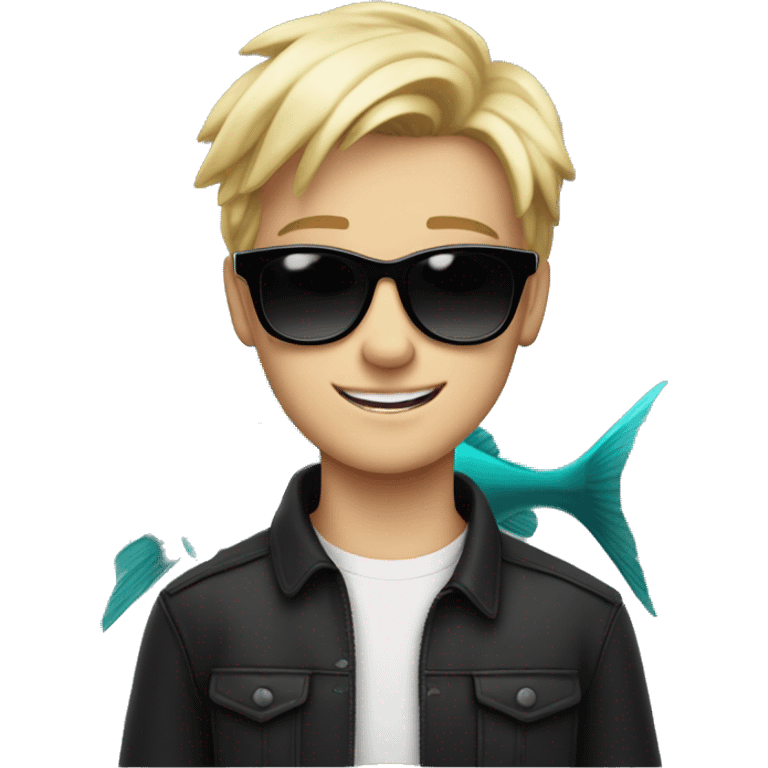 cool blonde teen boy wearing black sunglasses holding up a big fish emoji