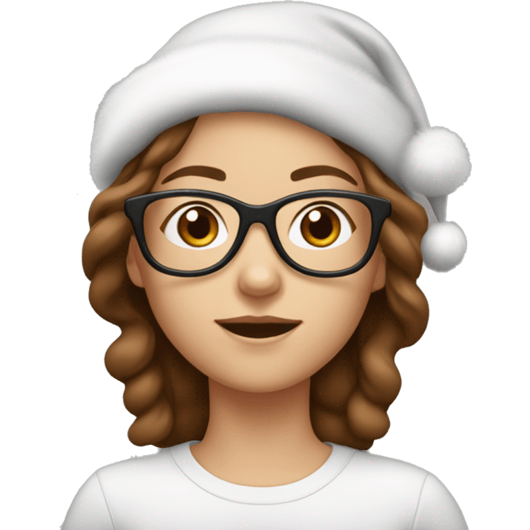 white girl with brown hair wearing clear glasses and a santa hat emoji