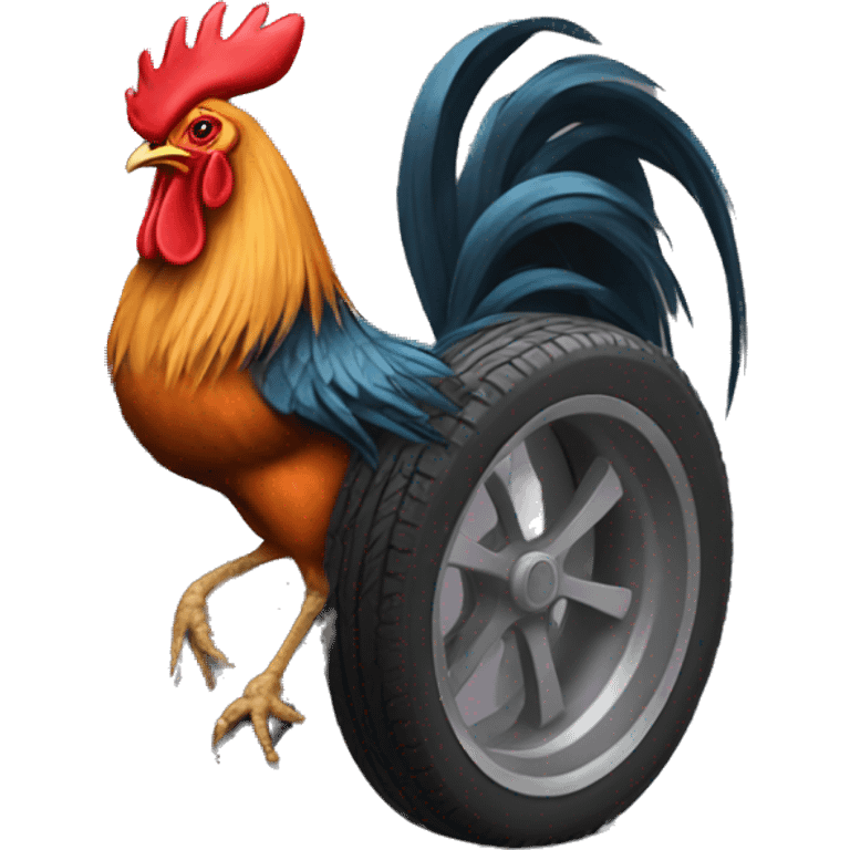 A rooster who has a car tire instead of a body emoji