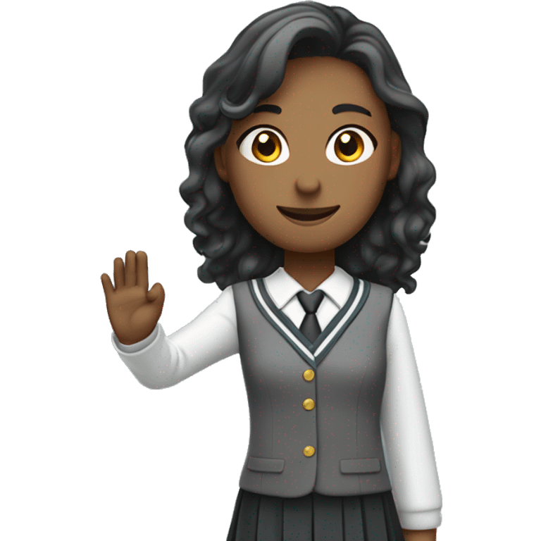 The upper body of a student in school uniform with one hand raised emoji