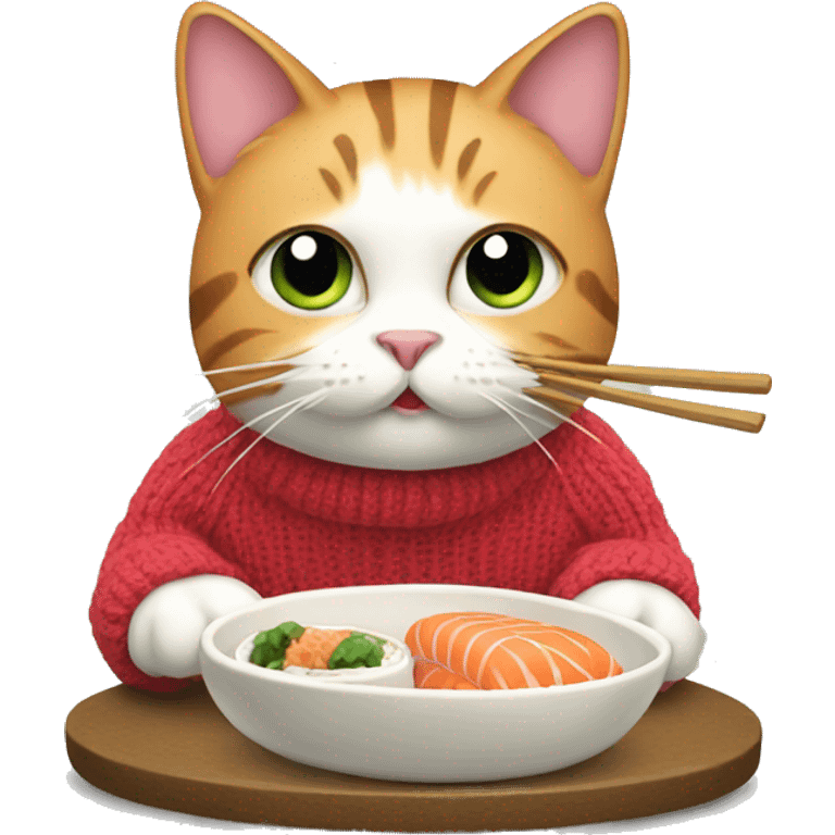 A cat wearing a sweater eating sushi  emoji