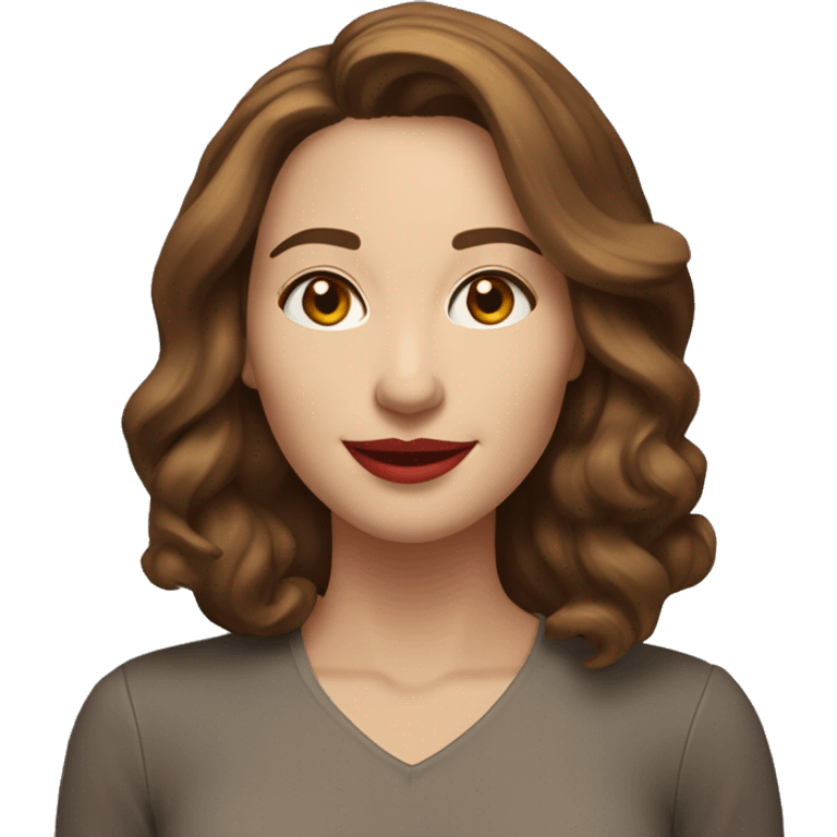 A cheerful woman in her 30s with fair skin, shoulder-length wavy brown hair, and a round face with prominent cheekbones. She has hazel eyes, full lips with red lipstick, and a warm, friendly smile. emoji