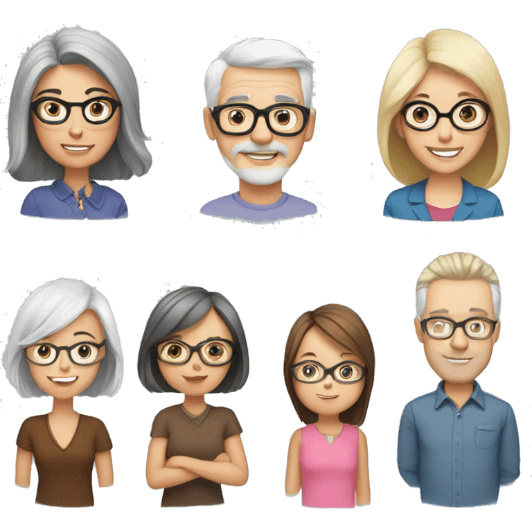 mom with gray hair and glasses, dad with blonde hair and glasses, daughter with brown hair, daughter with brown hair emoji