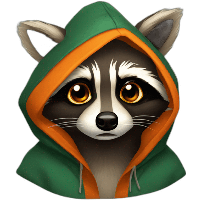 brown raccoon with orange eyes and a dark green hood that is crying emoji