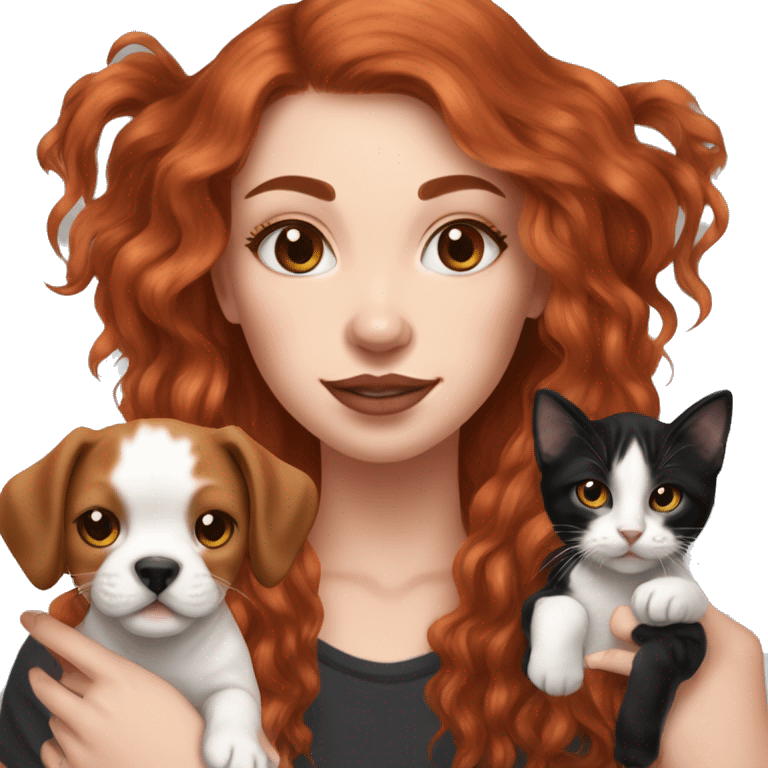 Long Red haired woman with septum piercing holding black and white English Staffordshire puppy and tabby kitten emoji