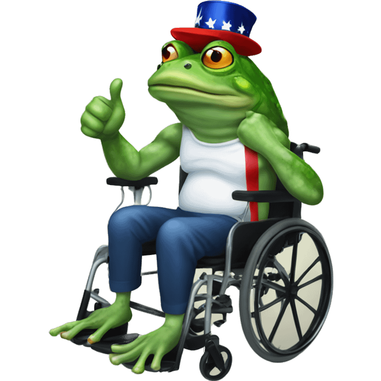 Angry frog with 'Trump 2024' hat on wheelchair and thumbs up emoji