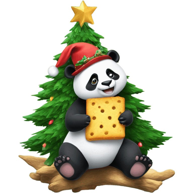 Panda wearing cowboy boots with a Christmas hat on, while sitting in a Christmas tree, holding a cracker, under the sea emoji