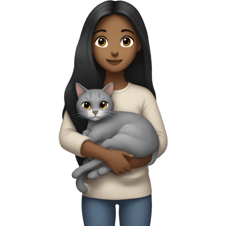 brownskin girl with long black hair cuddling her light gray cat emoji