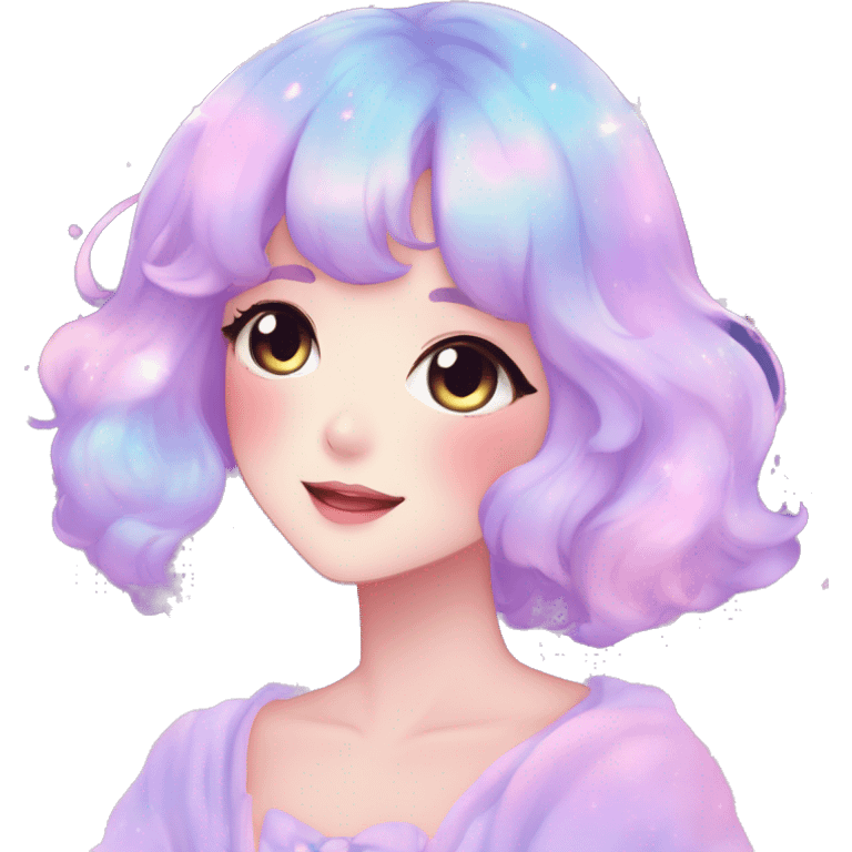 Gorgeous pastel anime style lady blushing nebula-gradient-sparkle face dreamy idol model colorful shiny stars galaxy kawaii cottagecore pearly petite simplistic aesthetic trending style emoji