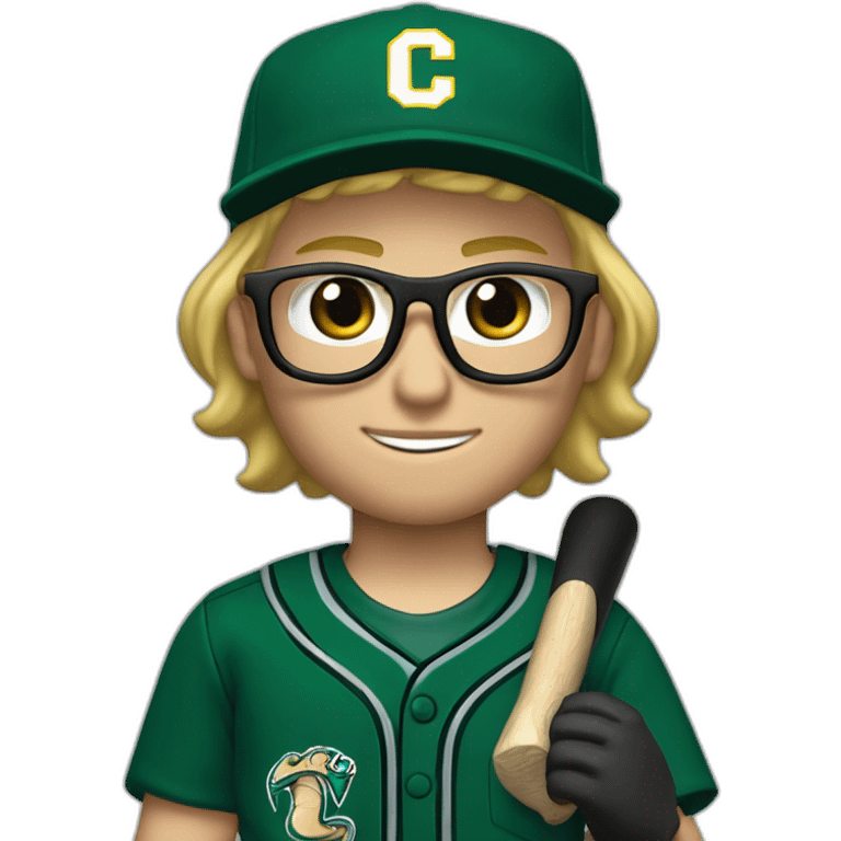 Blonde male short hair with glasses Dark green baseball uniform with hat Blue eyes a cobra snake logo with "C". waist up with a bat in one hand and a macbook in the other emoji