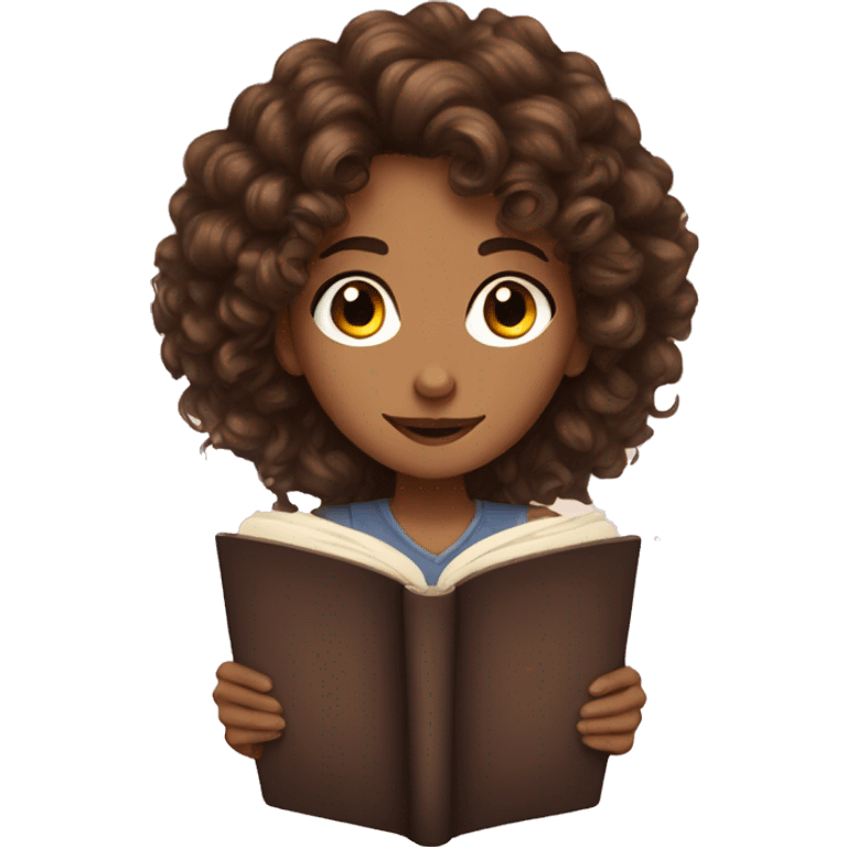 A young woman with curly brown hair and brown eyes looks into a book emoji