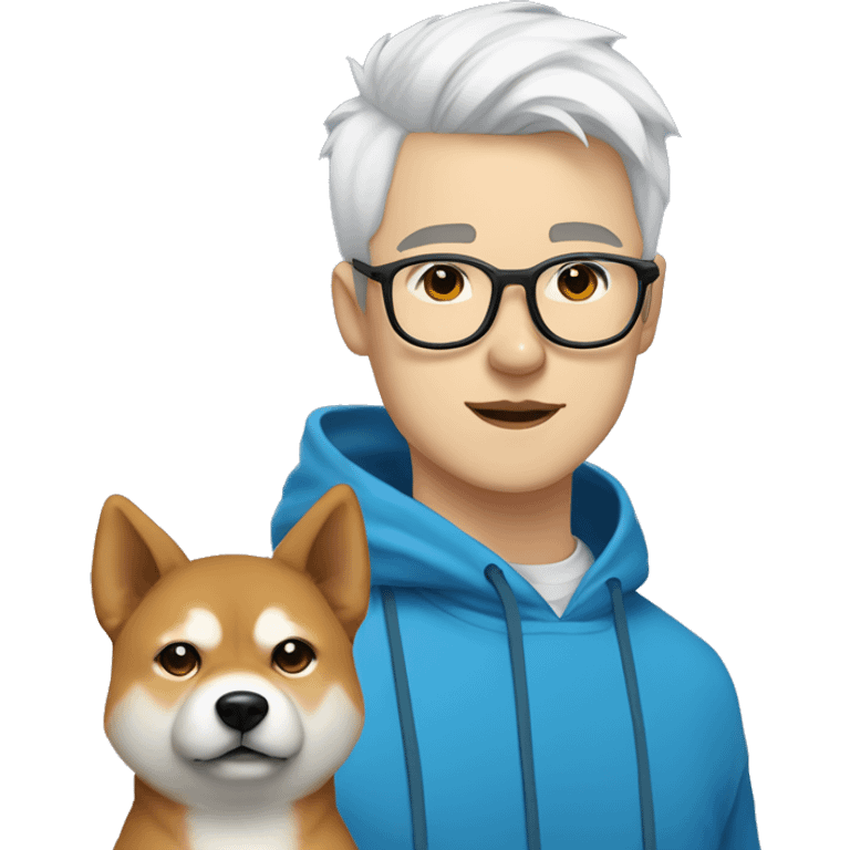 A young guy with white hair ponytail white skin black-framed glasses, a nose piercing, a blue hoodie and a Shiba Inu dog next to him emoji