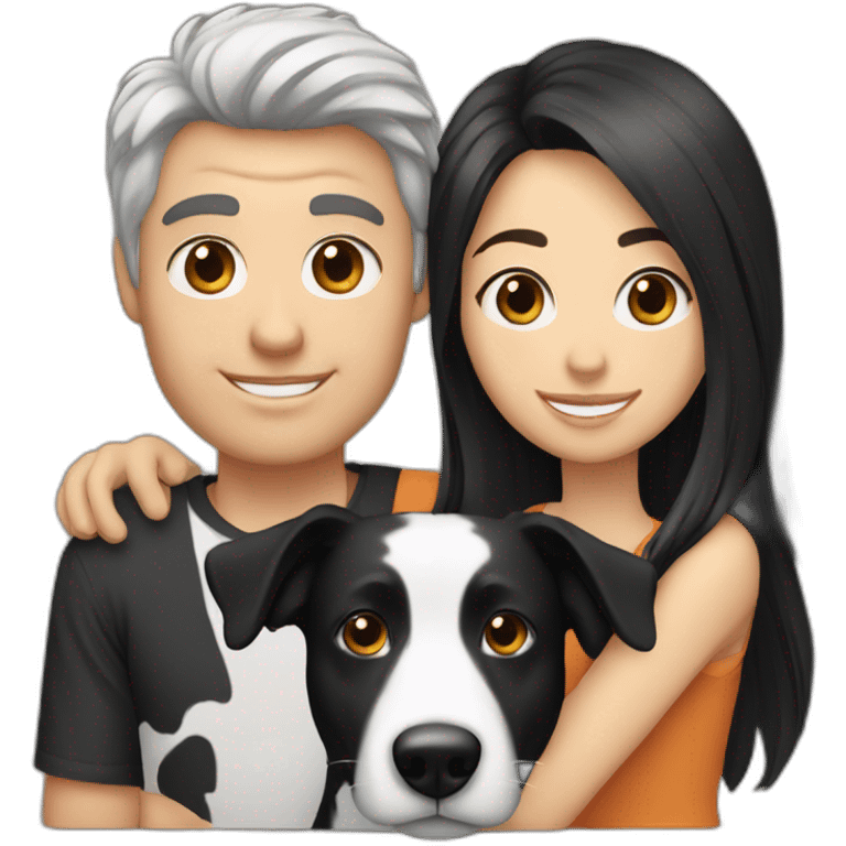 Family with a White man and a White woman with long black hair and a small black border collie dog emoji