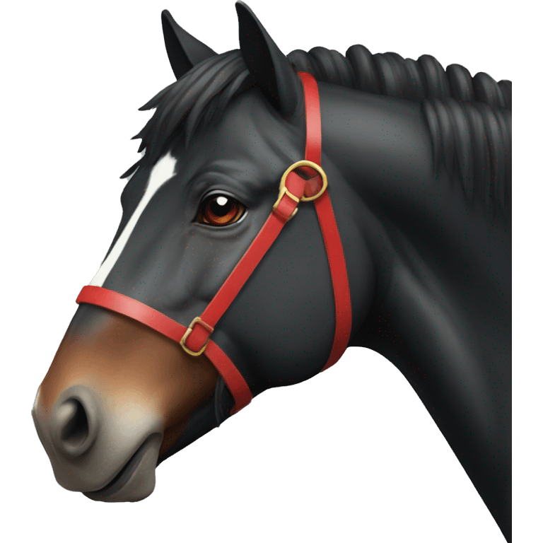 a black horse with a white stripe on its nose and red strands in its mane emoji