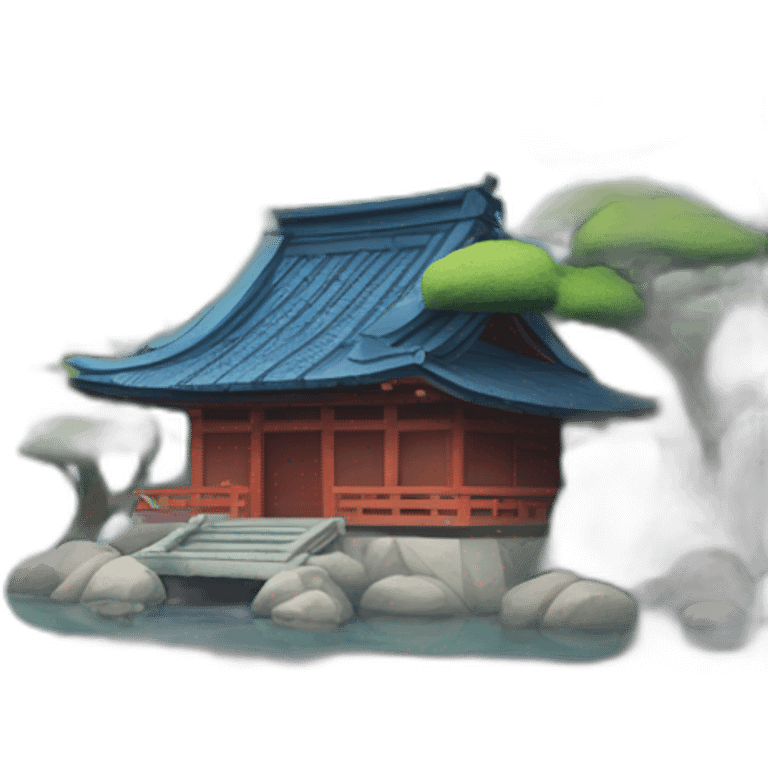 A lakeside island with a shinto gate and small Japanese house with a blue tiled r emoji