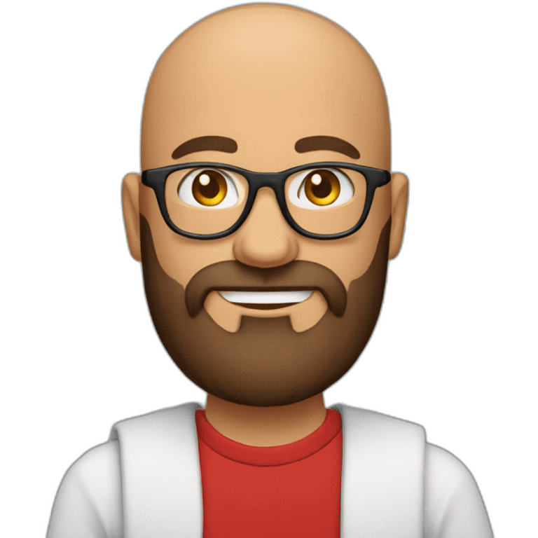 Bald man smiling with glasses and big bushy brown beard with. Wearing red t shirt emoji