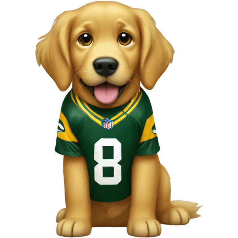 Golden retriever wearing Green Bay packers jersey emoji