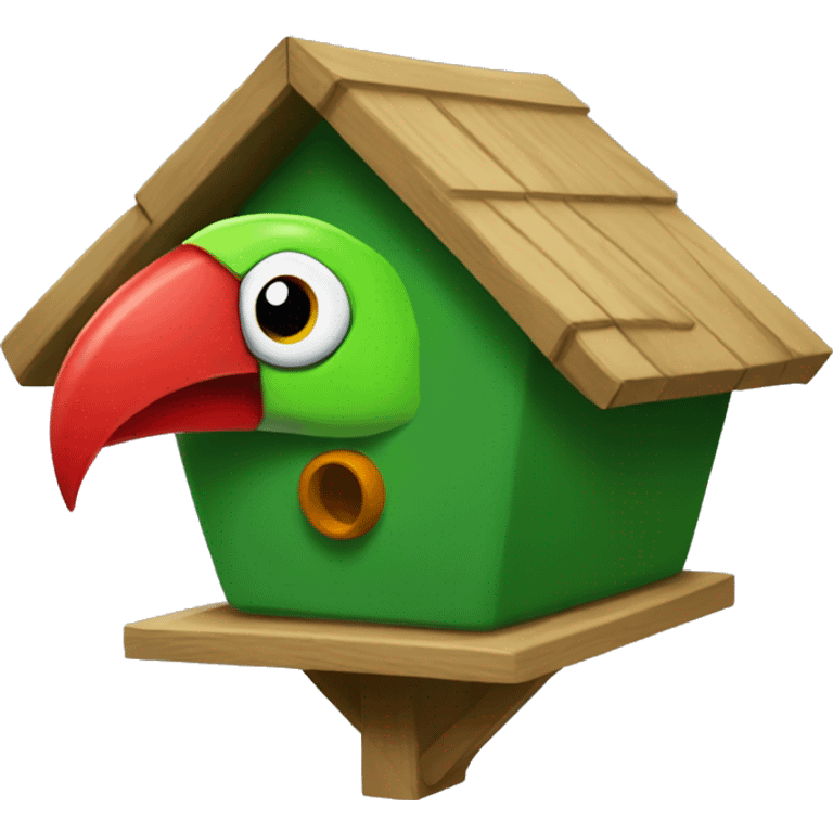 green birdhouse aviary that looks like a head of a parrot with red streak emoji