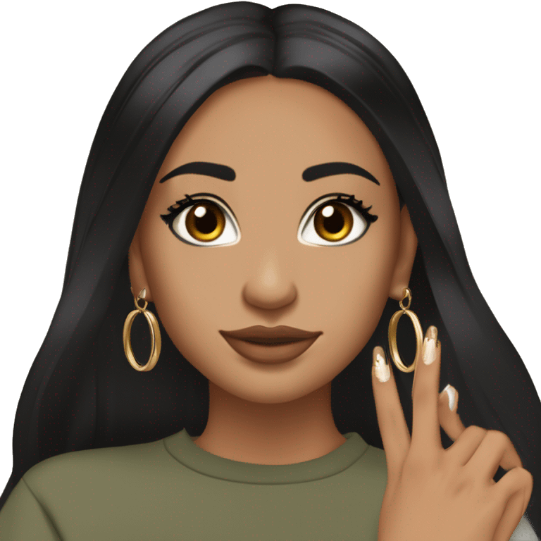 Glamorous, streetwear, black hair, long straight hair, olive skin, brown almond eyes, winged eyeliner with big lashes, wearing hooped earrings, rings and bracelets, almond shaped fake nails, wearing athletic wear emoji