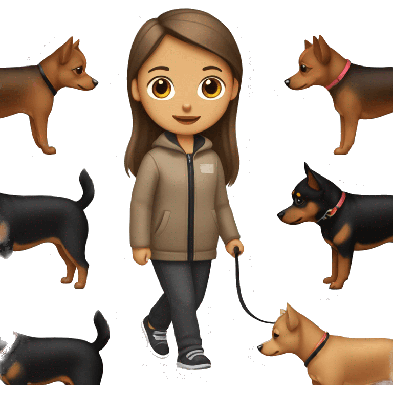 A light brown haired girl, walking a black and tan miniature Pinscher and a big light brown Spitz on the lead emoji