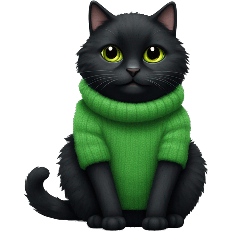 black fluffy cat sitting full length in green fluffy sweater emoji