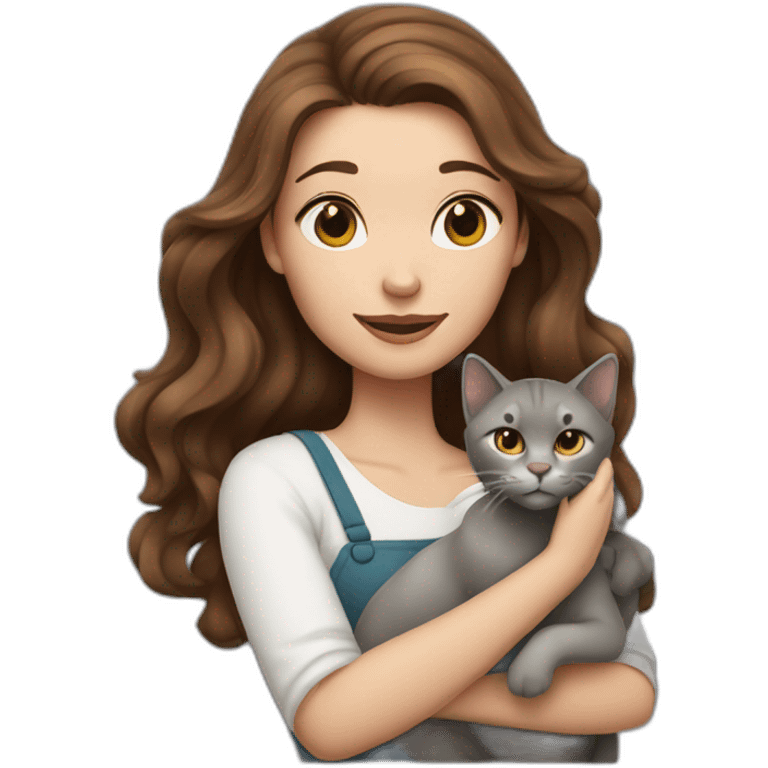 A wite skin woman with wavy brown hair holding a grey cat emoji