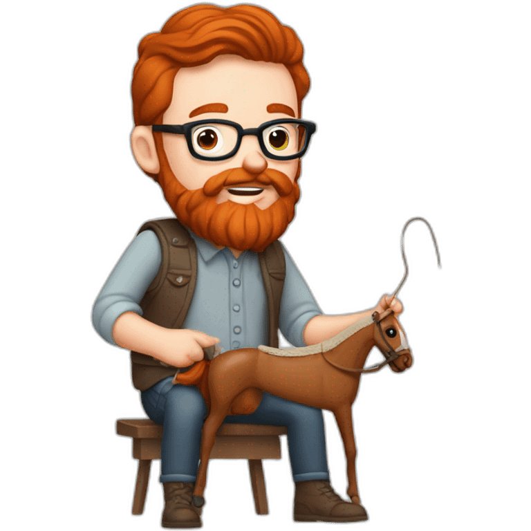 Red smooth haired man with beard and glasses hand sewing a horse saddle with needle and thread emoji