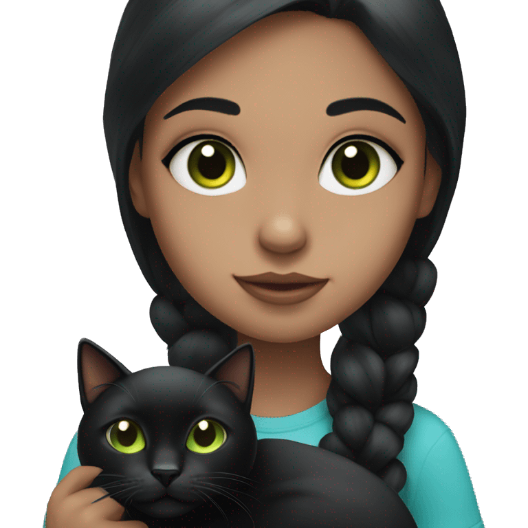 Girl with black hair and blue eyes holding a black cat with green eyes  emoji