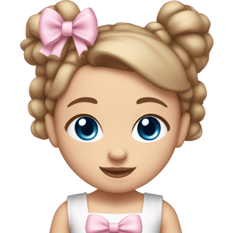 Little  babygirl with White skin, blue eyes. Light Brown hair in two ponytails, with light pink bows.  She is wearing a light pink and White dress, holding a teddybear with a pink bow. emoji