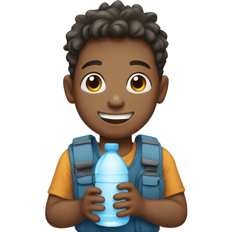 smiling boy holding water bottle emoji