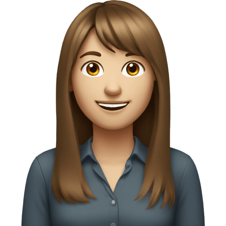 White woman, long brown hair with bangs smiling. Round face emoji