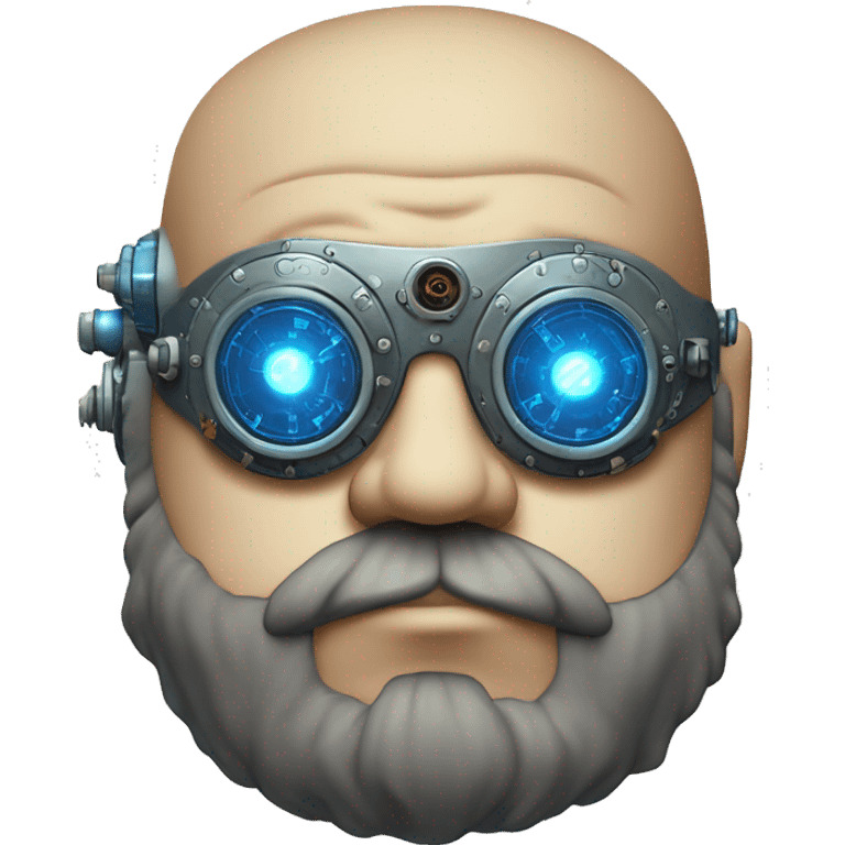 Bearded Fat bald cyborg head with tan skin, blue steampunk goggles and circuits emoji