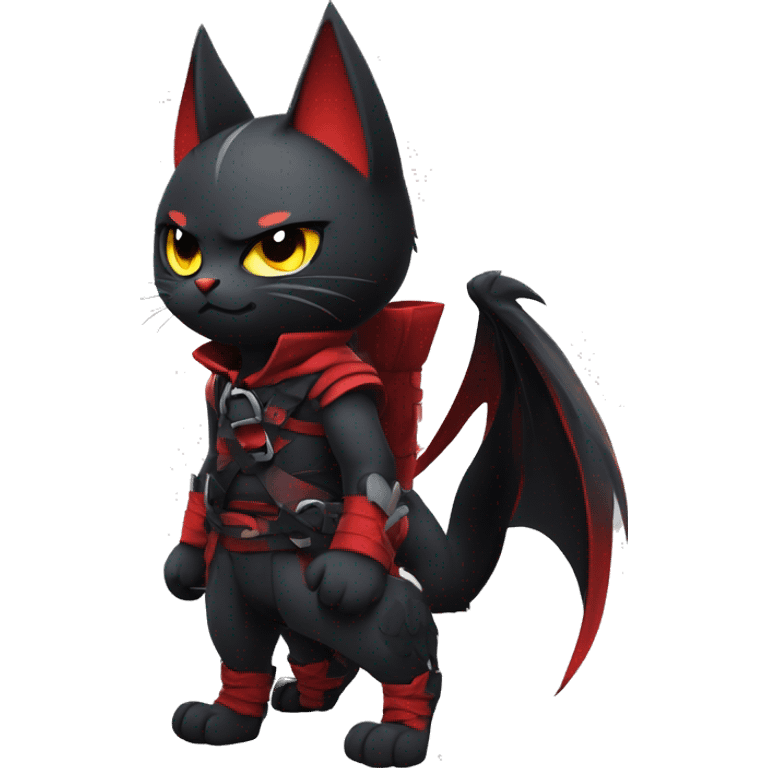 Cool Edgy Evil Ninja Litten-Nargacuga-Cat with black bat-wing-ears with a red harness full body emoji