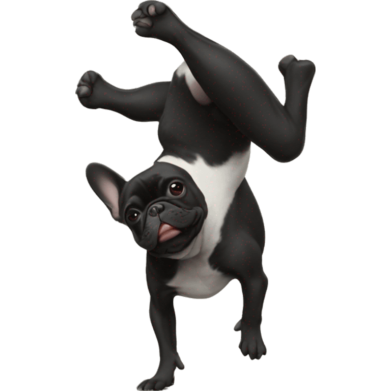 All black French bulldog doing a handstand emoji