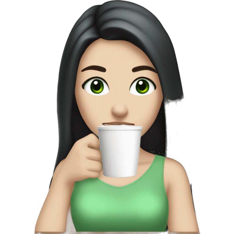 white girl with very long black hair and green eyes and light pink outfit drinking a latte emoji