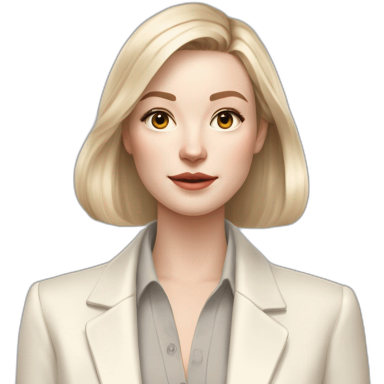 pale skin woman with ash blonde Straightened bob Hair, White Spacious classical jacket, beige palazzo Arrow pants and gray blouse holding white IPhone 14 pro in the hands emoji