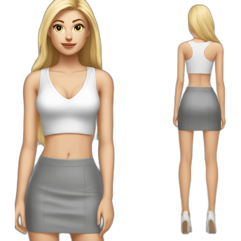 hyperrealistic caucasian blonde, long straight hair, white deep v-neck crop tanktop, gray tight mini skirt emoji