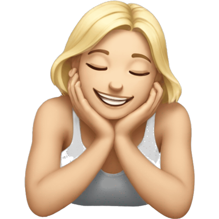 a blond girl smiling hands on cheeks and feet on back laying  emoji