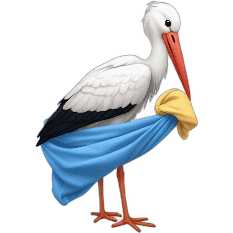 White stork carrying a blue bundle of cloth in its big beak that has a cute human person cute baby boy inside and his head is peeking from the fabric the strok is carrying in its beak emoji