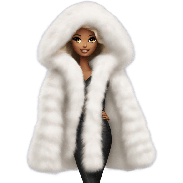 Barbie in an extremely big fluffy oversized white fur coat with hood on. The fur is real and it’s very obvious big and fluffy like in Pinterest  emoji